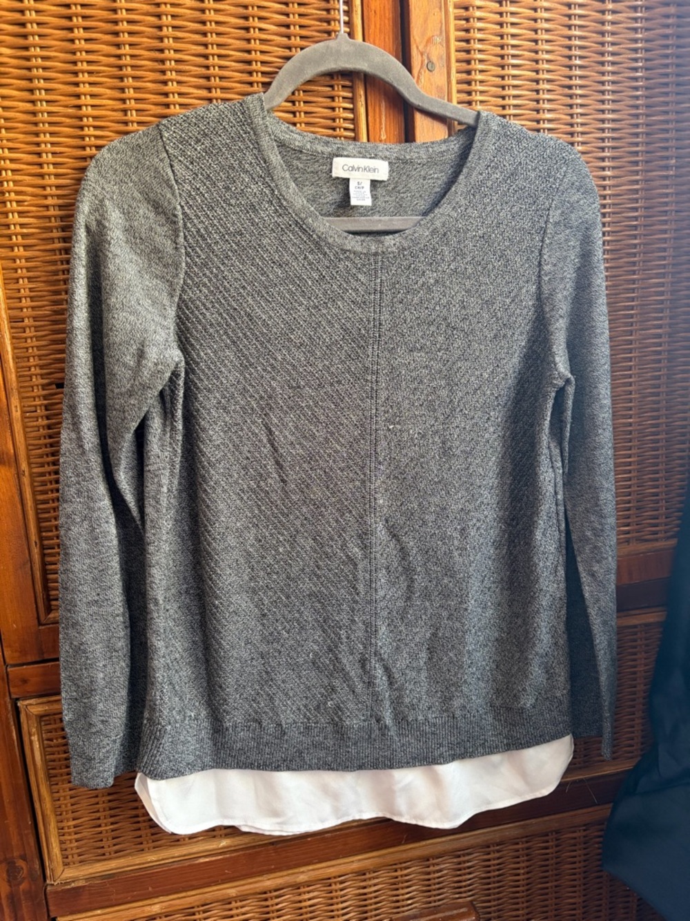 Calvin Klein Layered-Look Gray Sweater Mixed Media Blouse